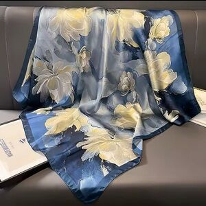Blue and Cream Polyester Scarf with Artistic Floral Design